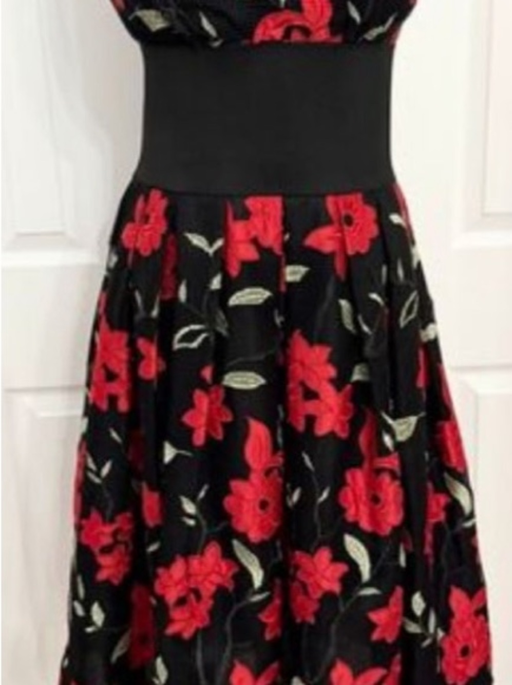 Anne Fontaine Mathilda Black Midi Dress‎ with Red Floral Embroidery